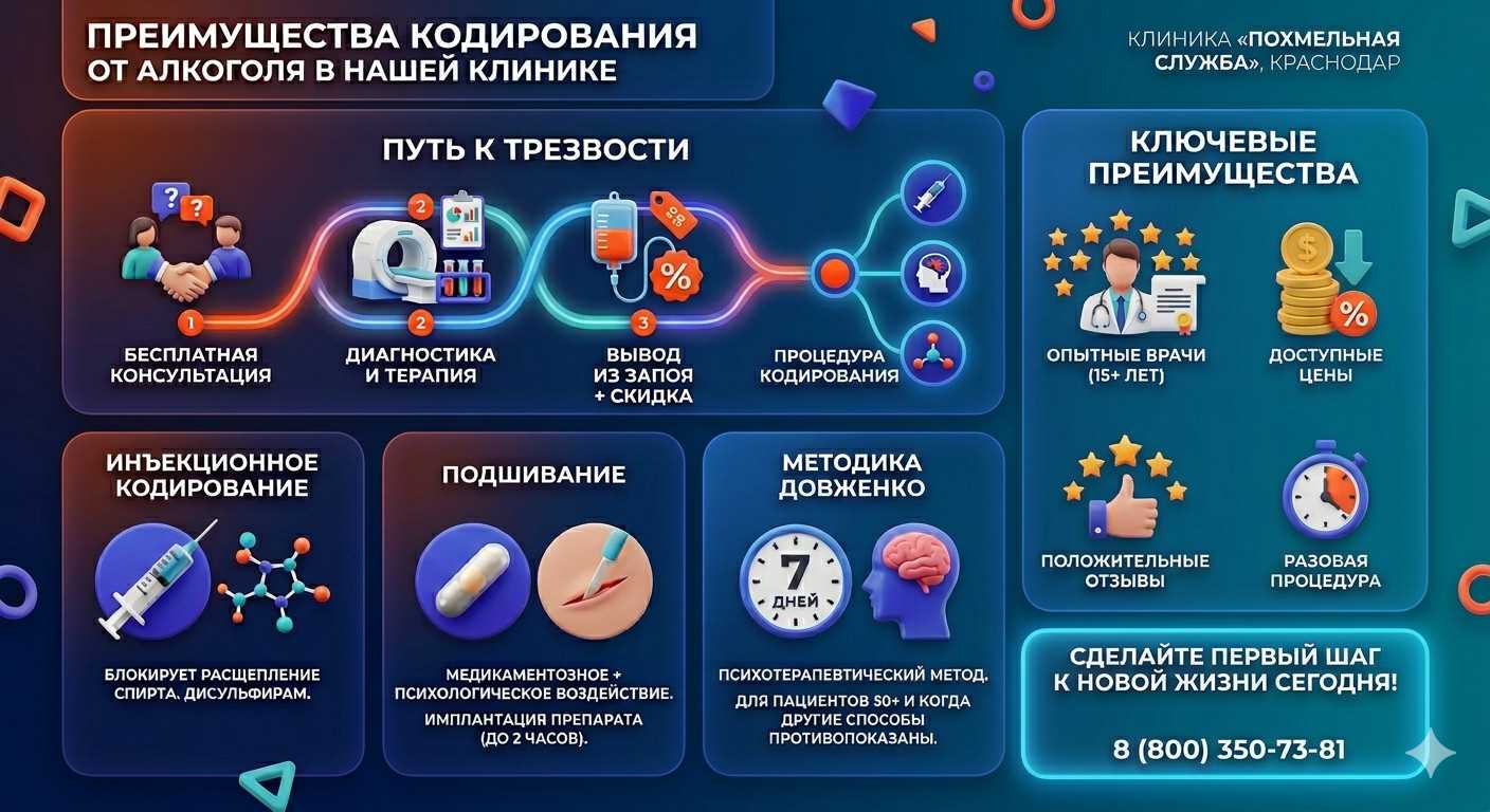 Инфографика о методах кодирования от алкоголя в Гурульбе: инъекции, подшивание, метод Довженко. Преимущества клиники и этапы лечения.