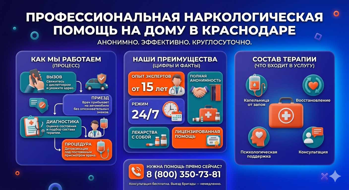 Инфографика о принципах лечения алкоголизма на дому в Гурульбе: этапы вызова нарколога, преимущества анонимной детоксикации и состав медицинской помощи.